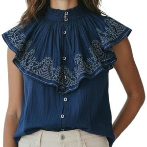 NWT RAMY BROOK Navy Sleeveless Embroidered Ruffle Button Down Blouse Size Small
